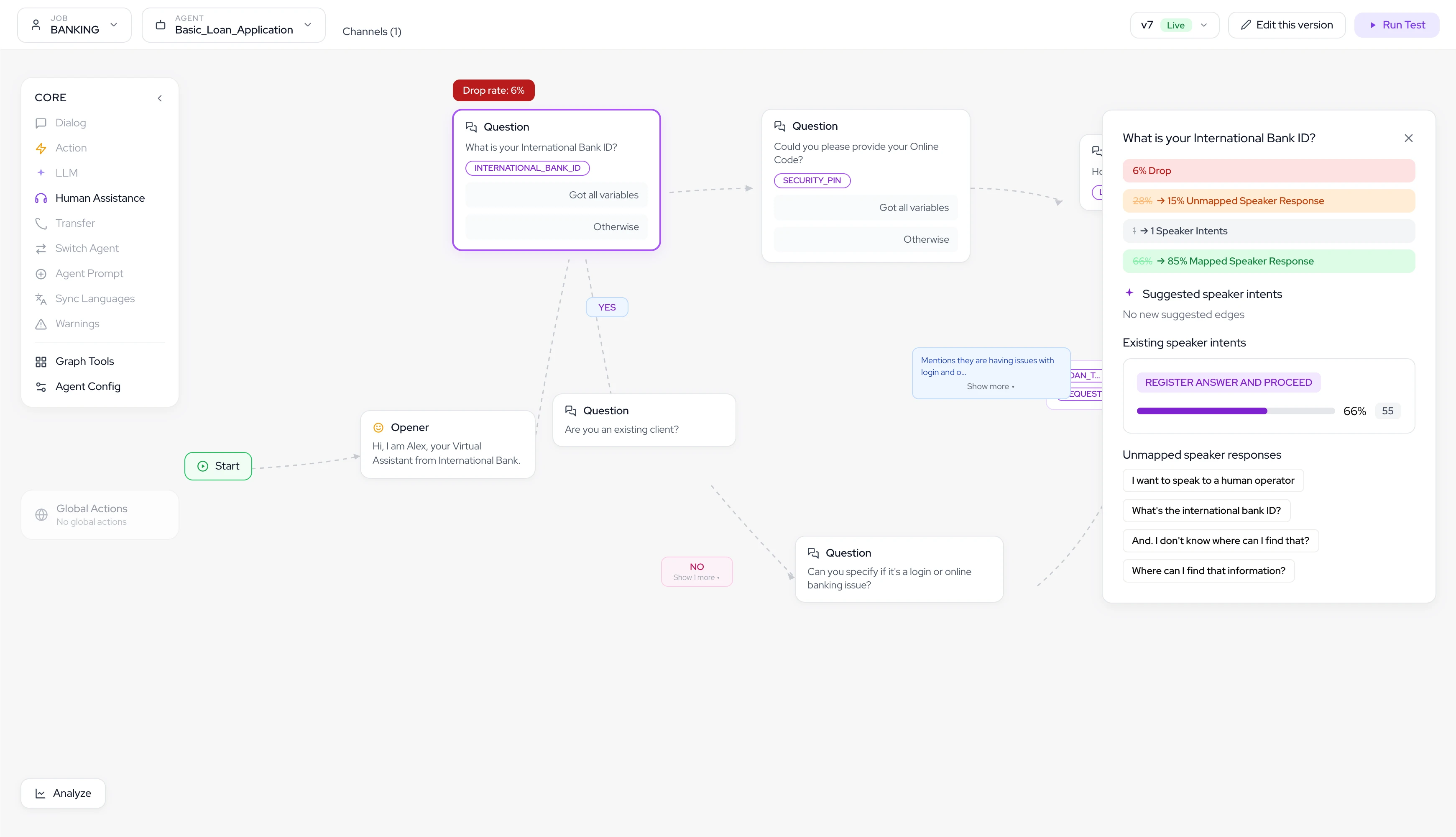 As-is graph editor with the improvement panel open — flow nodes, drop-rate badge, unmapped speaker responses