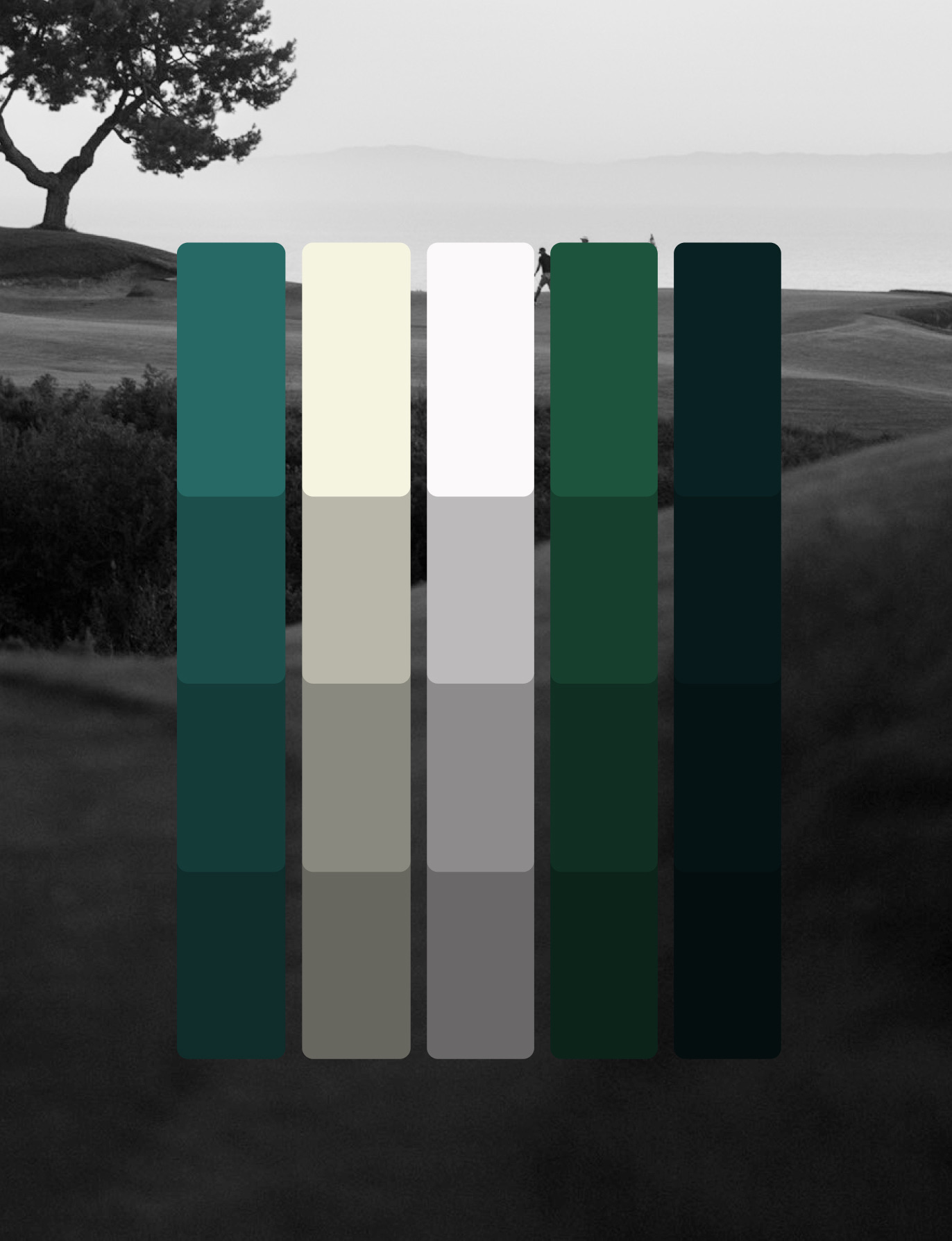 The full brand palette — Guru Green, Lake Ball, Sand Trap, Dorian Cup and Fairway Green as tonal columns over course photography