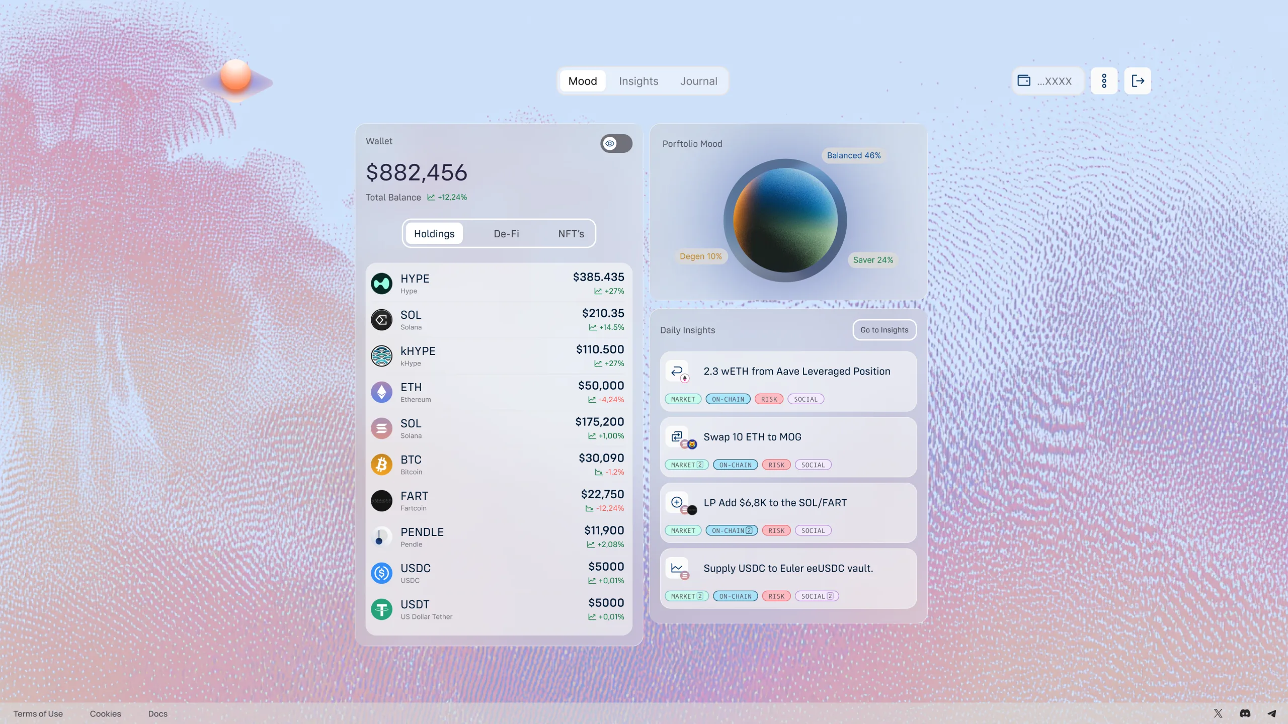 The Orb V1 — first full-screen layout: compact orb top-right, wallet on the left, agent insights below