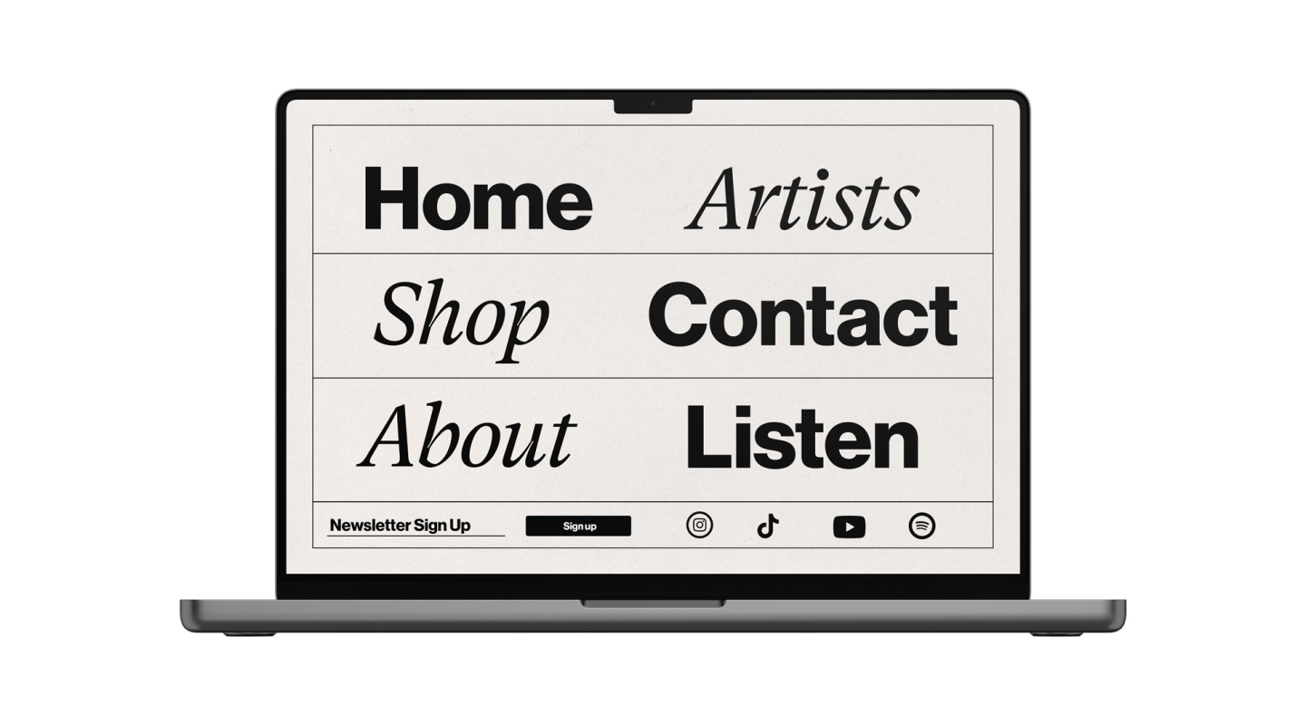 LORE website navigation — a full-screen editorial table alternating heavy grotesk and italic serif: Home, Artists, Shop, Contact, About, Listen