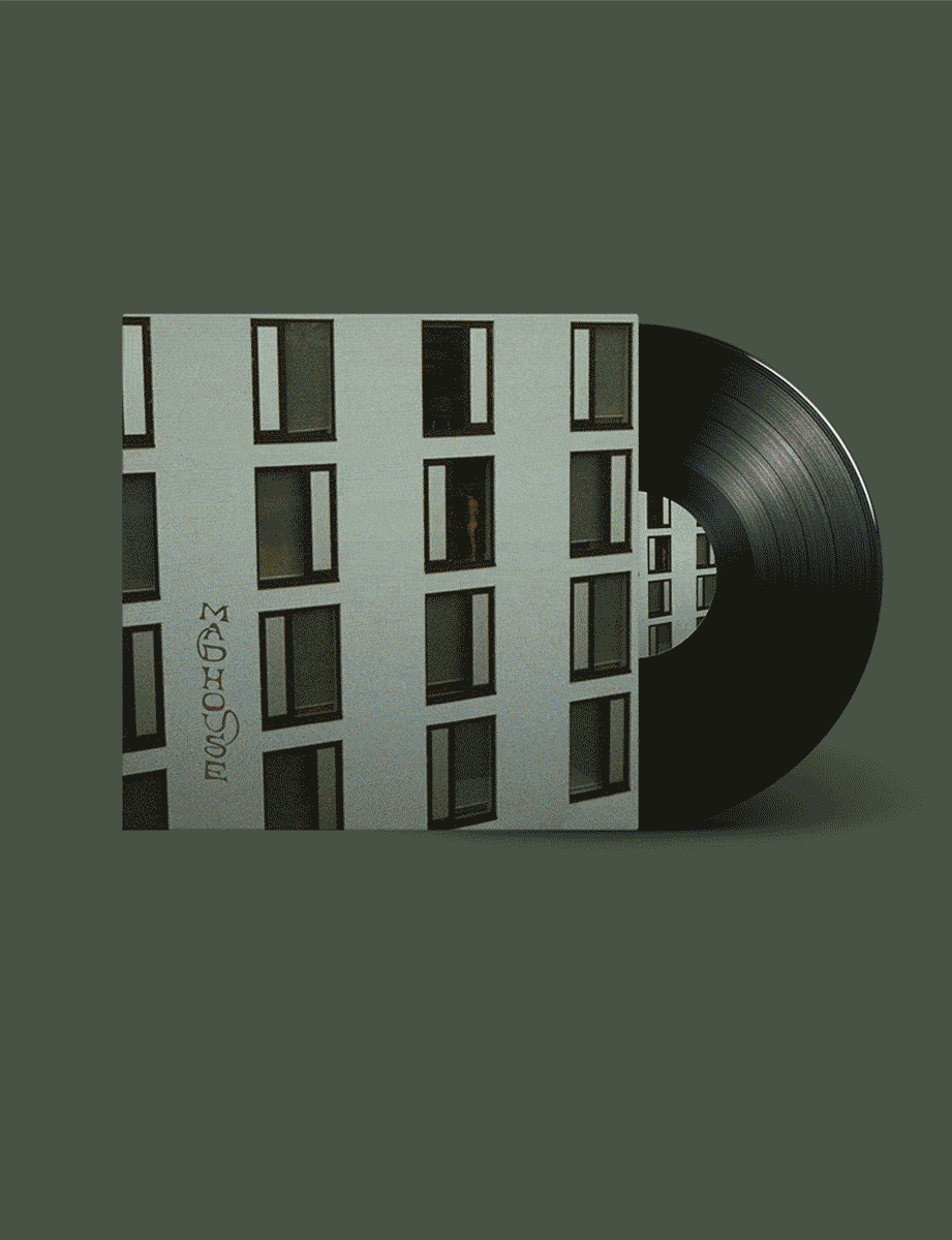Madhouse vinyl packshot, animated — the record slides from an apartment-block sleeve