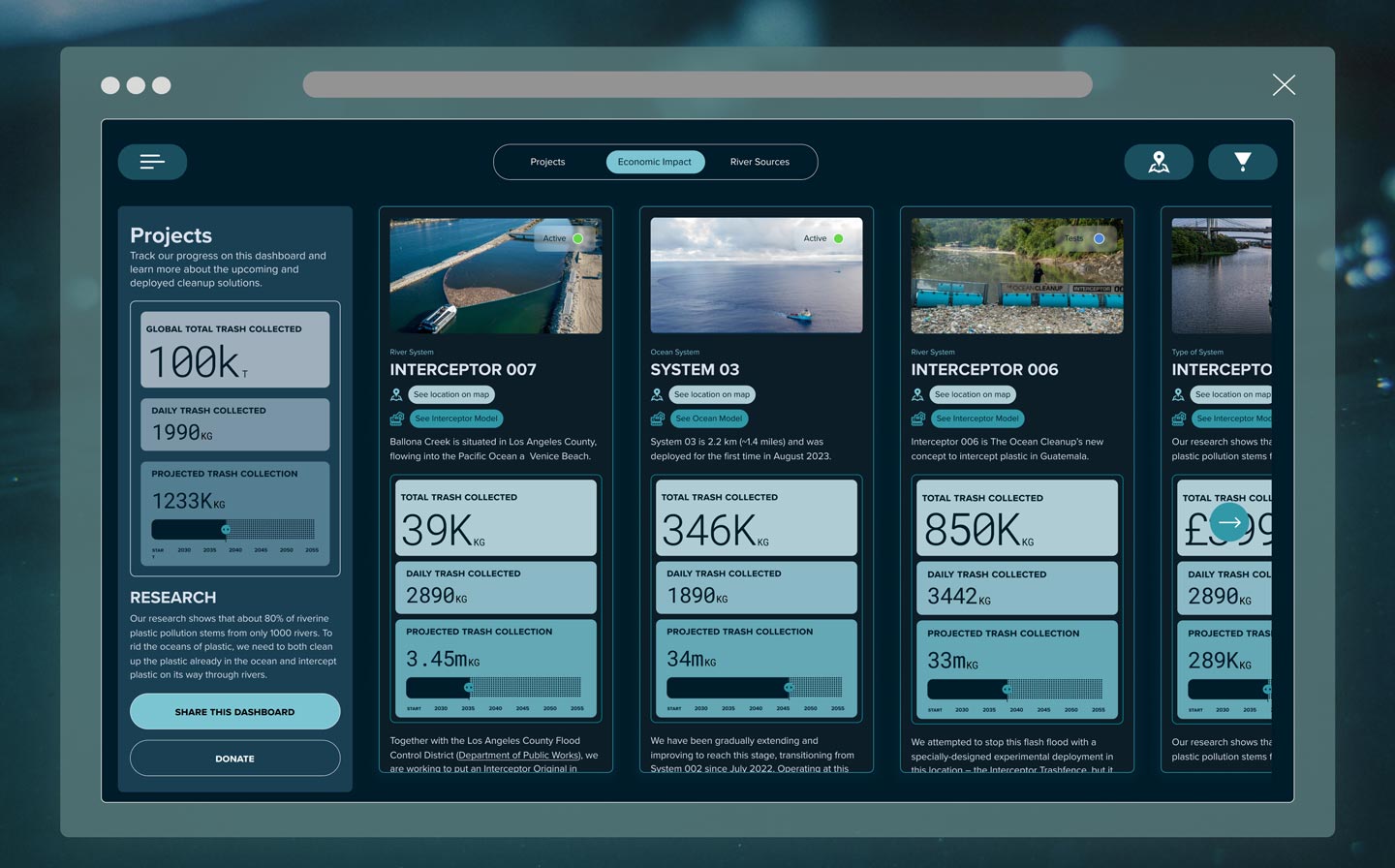 The redesigned projects dashboard in a browser window — interceptor cards with live catch tickers