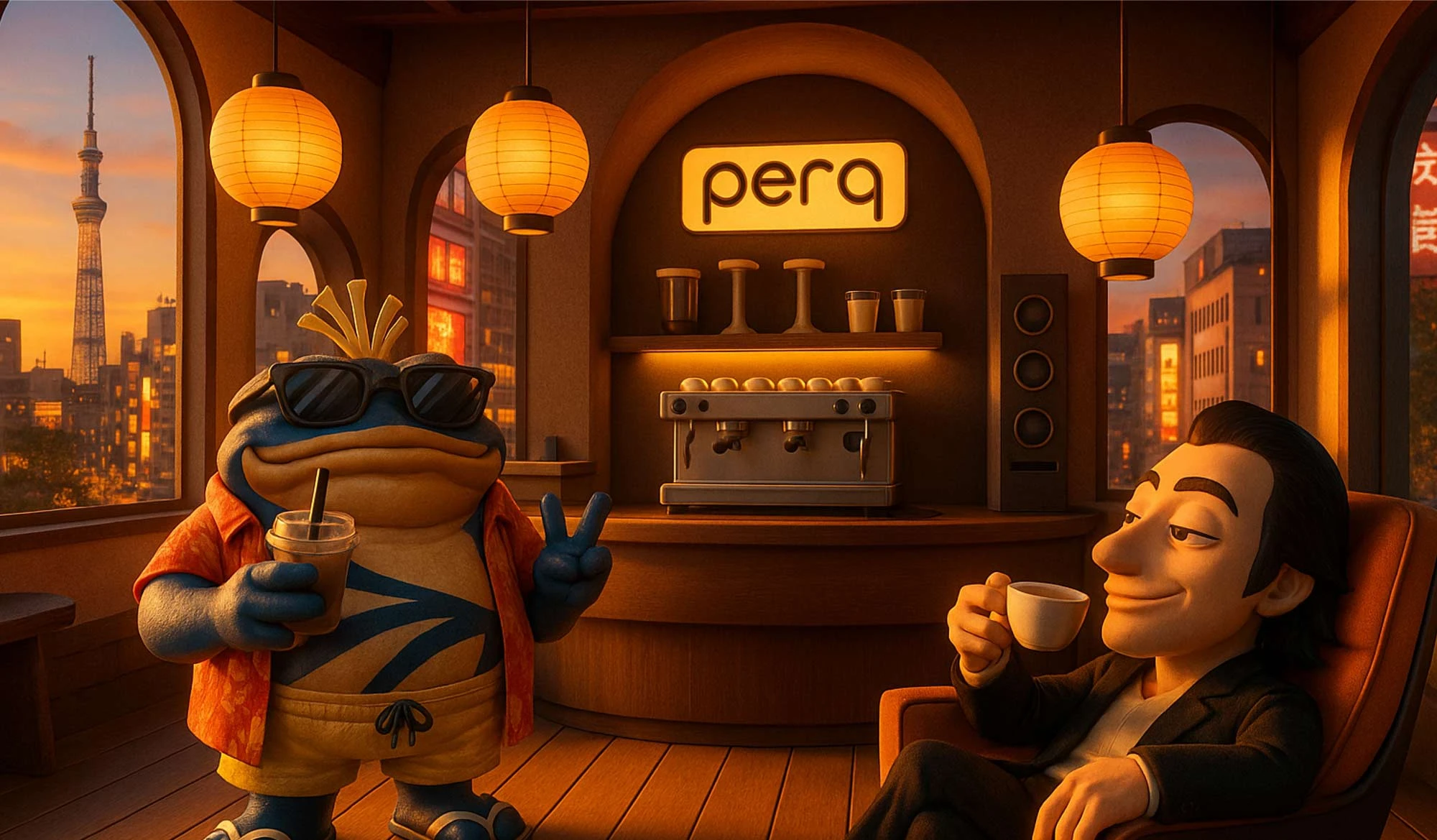 The PERQ coffee house — a toad in sunglasses with an iced coffee and a lounging connoisseur under the glowing perq sign, Tokyo at dusk