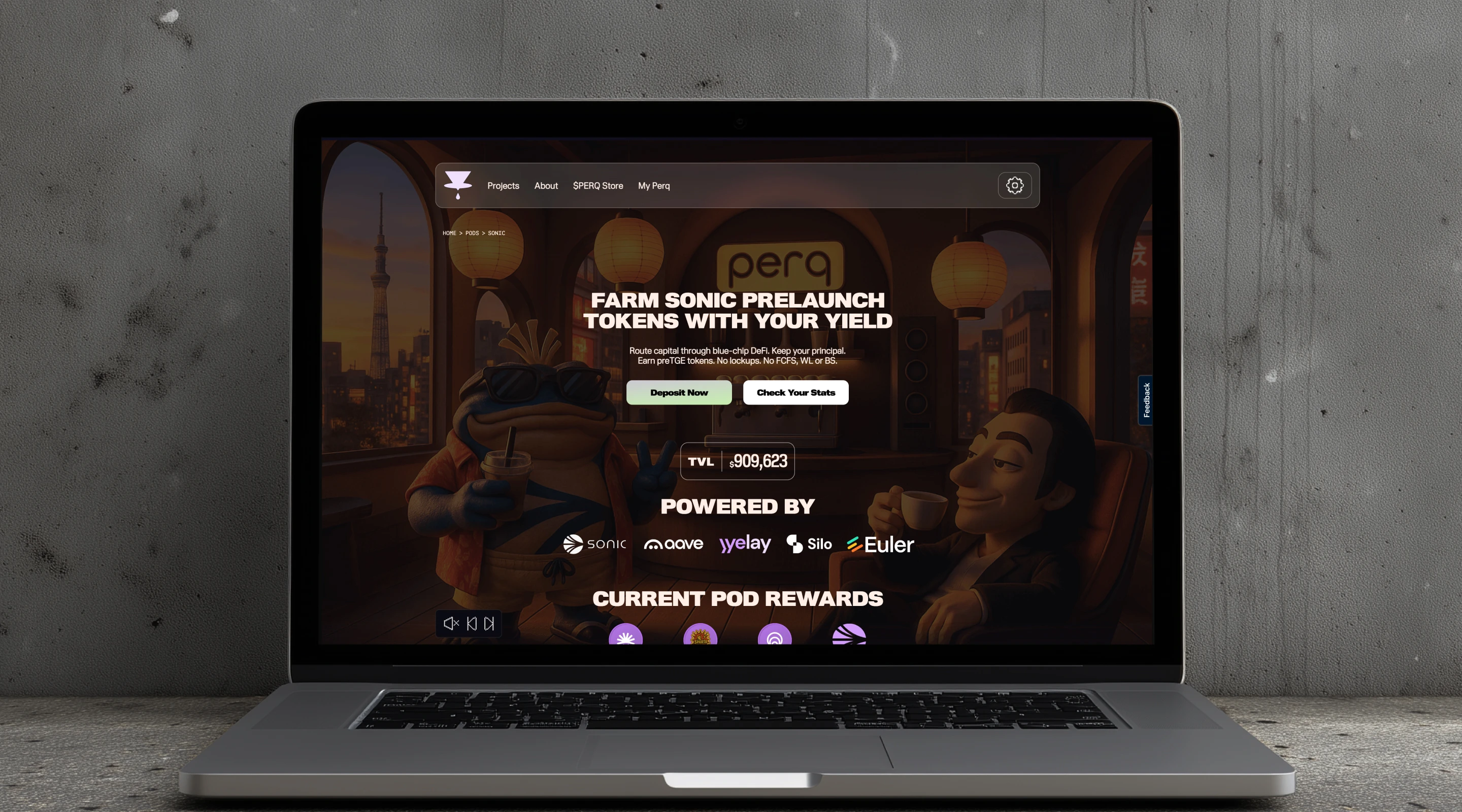 PERQ on Sonic — farm Sonic prelaunch tokens with your yield, the coffee-house landing on a laptop against concrete