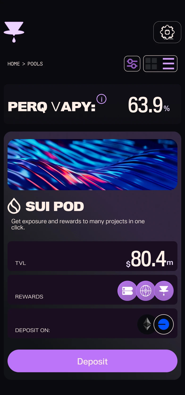PERQ mobile — SUI POD pool card with VAPY 63.9%, TVL, rewards and a one-thumb deposit button
