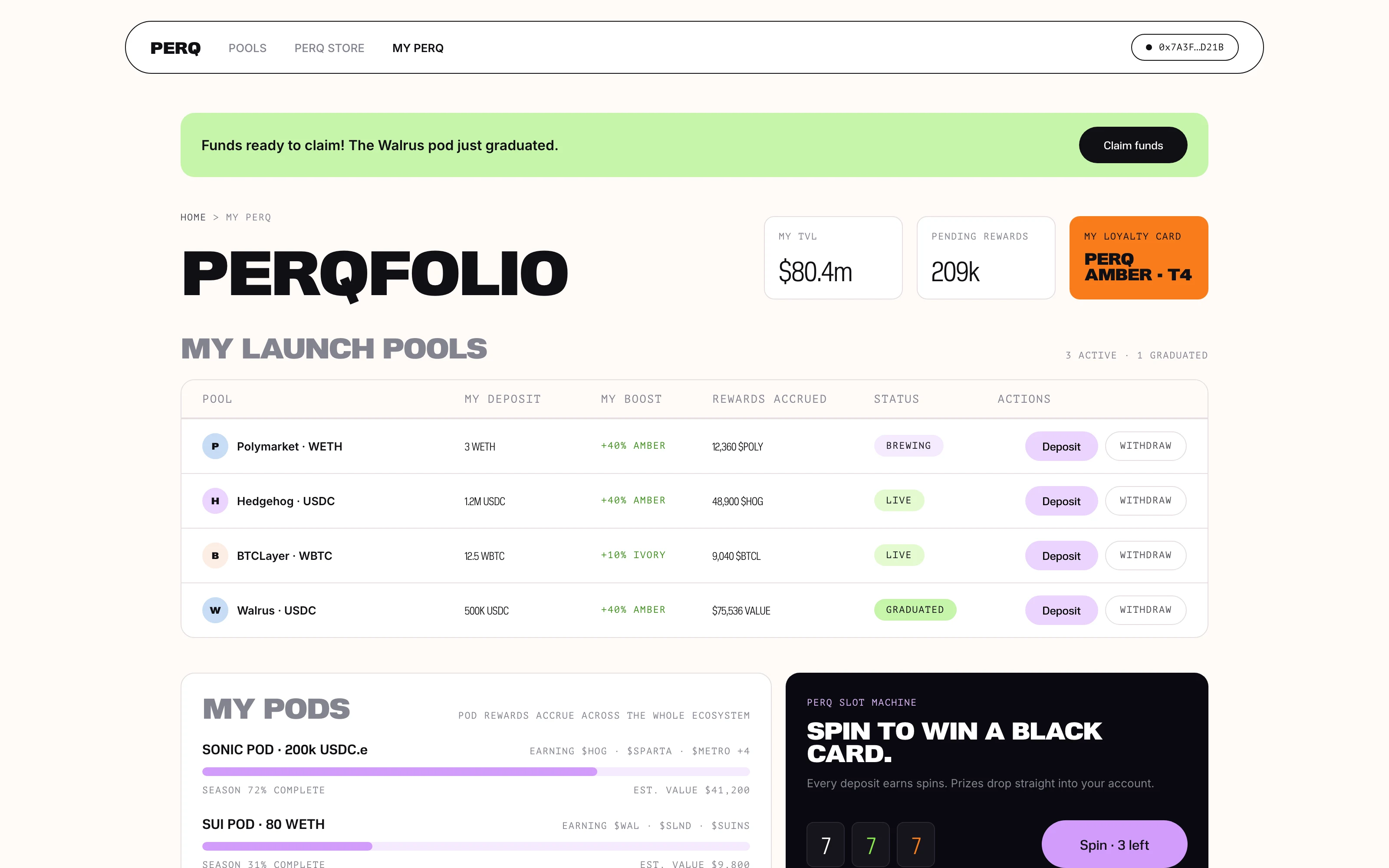 Perqfolio — funds ready to claim, loyalty card Amber T4, launch pools table with boosts and rewards accrued
